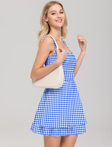 Image of IWD Women's Square Neck Sleeveless Mini Dress Ruched Waist Tiered Ruffle Hem A Line Short Dresses
