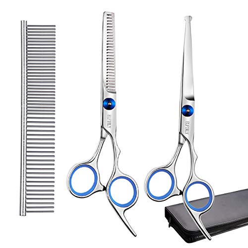 Elfirly Dog Grooming Scissors Set with Safety Round Tip (2 Pack - Straight Scissors Thinning Shears for Grooming) Pet Grooming Shears with Grooming Comb for Dogs and Cats