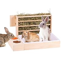 MUALROUS 4 in 1 Großer Kaninchen Heu Feeder mit Katzentoilette Holz Futterautomat aus Holz mit 2 Näpfen Hase Toilette für Kaninchen Meerschweinchen Chinchilla Hase Andere Kleintiere
