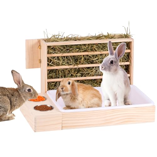 MUALROUS Grande mangeoire à Foin 4 en 1 pour Lapin avec bac à litière en Bois Automatique en Bois avec 2 Bols pour Lapins, cochons d'Inde, Chinchilla et...