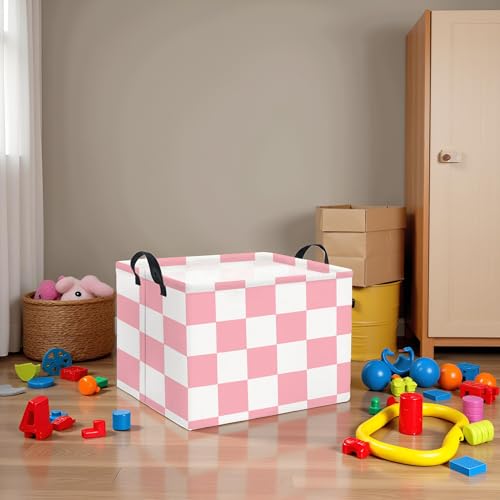 Image of Rectangular Storage Basket for Home Kitchen Girls Cute Storage Bin Organizer Shelf Book Room Decor(Pink Checked)