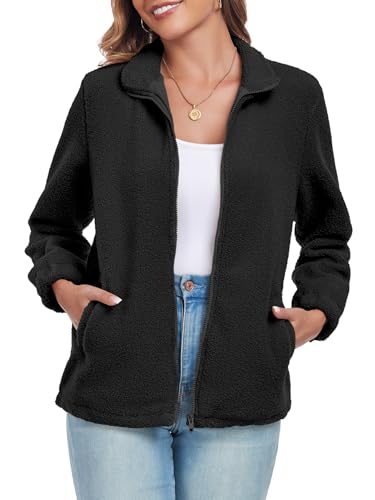 FIOPHY Women's Zip up Fleece Sherpa Jacket Oversize Stand Collar Long Sleeve Fuzzy Casual Jacket with Pocket