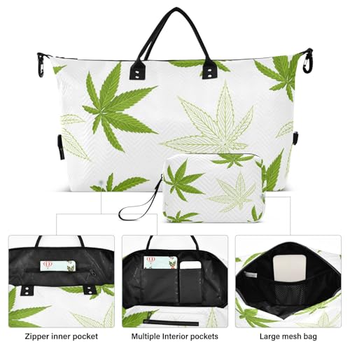 Hemp Leaves on White Duffle Bags for Women Men Waterproof Weekender Overnight Bags Hospital Bag Large Tote Bag with Toiletry Bag for Yoga Gym Travel Sport Hospital2
