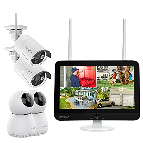 XMARTO 12.1-inch Screen Wireless Security Camera System AC Powered (8CH 5MP HD Screen NVR, 2K HD 2X Auto-Track Indoor PTZ Cameras and 2X Outdoor Security Camera with Audio, Cloud Storage, NO HDD)