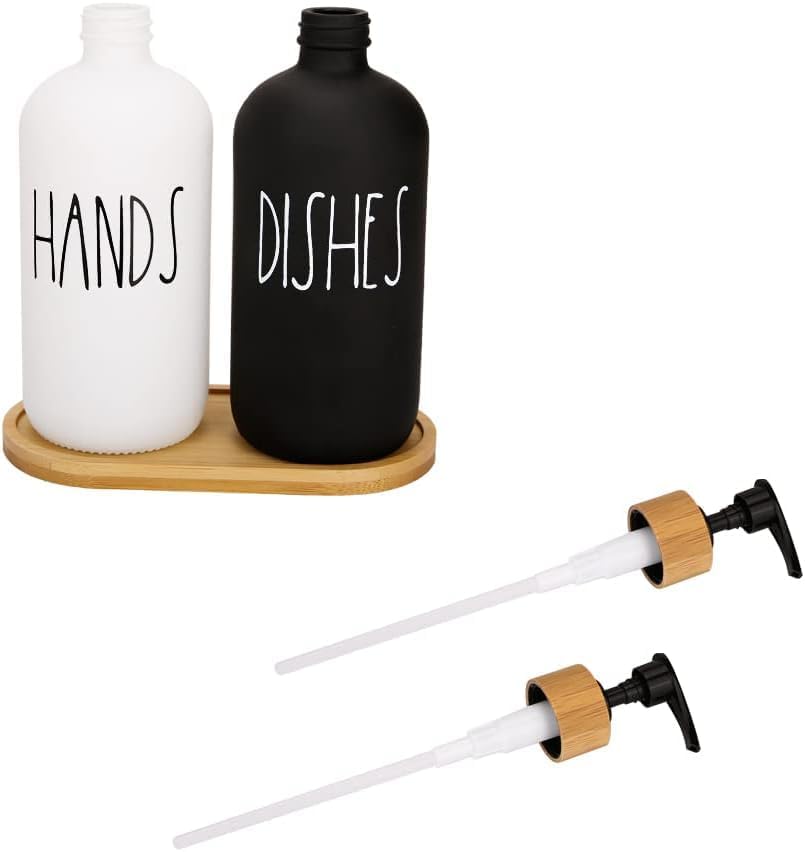 Image of Soap Dispenser for Kitchen Handwash Dispenser Dish Wash Dispenser Liquid Soap Dispenser for Kitchen Sink Dishwash and Hand Wash Liquid Dispensers Pump with Bamboo Tray, Glass, 17 Ounces