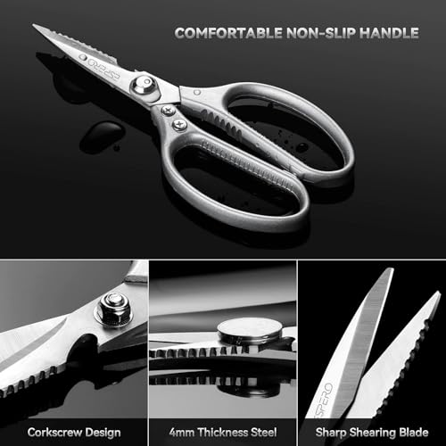 Image of ESPERO Multi Purpose Made In Japan Kitchen Scissors, food scissors,Premium Stainless Steel Solid Kitchen Shears for Meat, Seafood, Chicken, Vegetables, Herbs, BBQ, Bottle Opener (Silver)