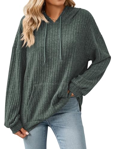 Gemulate Lightweight Sweaters for Women,Ladies Long Sleeve Solid Sweatshirt Tops Striped Jumpers Female Dark Green X-Large