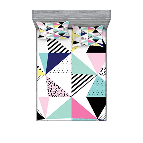 Ambesonne Eighties Fitted Sheet & Pillow Sham Set, Retro Memphis Style Pattern with Geometrical Shapes Funky Hipster Old Fashioned, Decorative Printed 3 Piece Bedding Decor Set, King, Multicolor