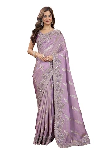 Image of TRENDMALLS Women's Jacquard Silk Embroidery Sequence Work Saree with Unstitched Blouse Piece