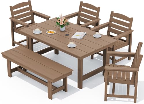 Image of SERWALL 6 Pcs HDPE Dining Set, Includes 1 Table, 1 Bench & 4 Chairs, Brown | Outdoor Dining Set with Bench, All-Weather Resistant SERWALL Dining Set for patio