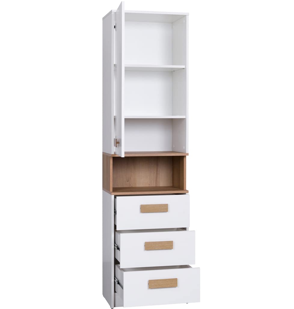Marmex Kinderzimmer Komplettes Set Grant D, im Set: Kleiderschrank G1, Geschlossener Büchregal G6, Kommode mit Schubladen G5 - Farbe Weiß + Riviera Eiche