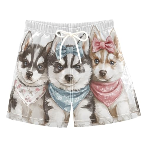 DOMIKING Huskys Bow White Toddler Boys' Swim Trunks Mesh Lining Swim Shorts for Boys Beach Pool Adjustable Waist 2T