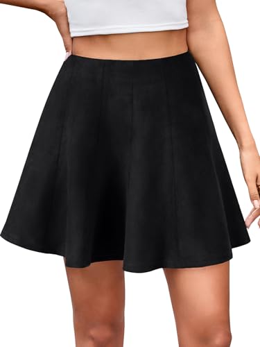 Rooscier Women's Faux Suede A Line Elastic High Waist Pleated Flare Basic Mini Skirts2
