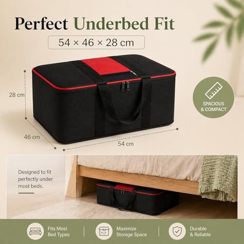 Image of DALUCI Underbed Storage Bags for Clothes Pack of 2 Large Moisture Proof Organizer with Zipper Non Woven Foldable Storage Bag for Blanket Saree Wardrobe 54 x 46 x 28 cm (Black & Red - Large, 2 Pack)