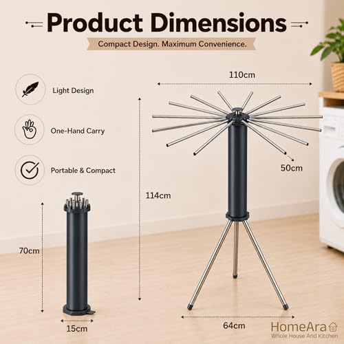 Image of Tripod Clothes Drying Rack Foldable & Rust Resistant Laundry Stand with 16 Stainless Steel Rods | Space Saving Indoor & Outdoor Dryer Stand for Clothes, Towels & Garments (Grey)