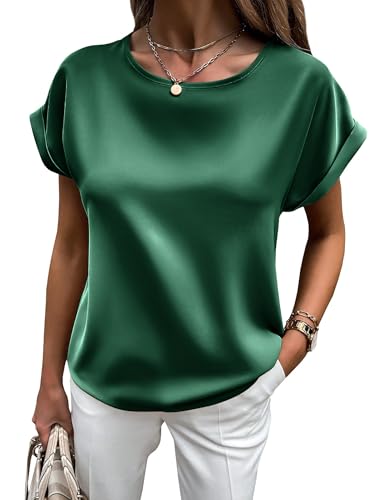 HOTOUCH Women's Short Sleeve Pullover Blouses Satin Silk Shirts Casual Loose Work Tunic Tops