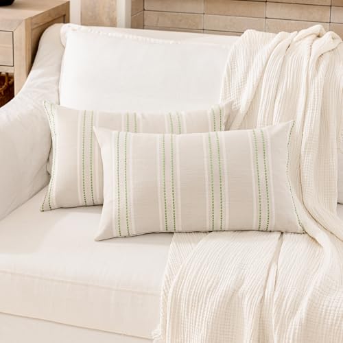 Image of Hckot Throw Pillow Covers 12x20 Set of 2 Light Green Pillow Covers Farmhouse Decorative Pillows Textured Linen Square Cushion Covers for Sofa Couch Bed Living Room Decor(Light Green)