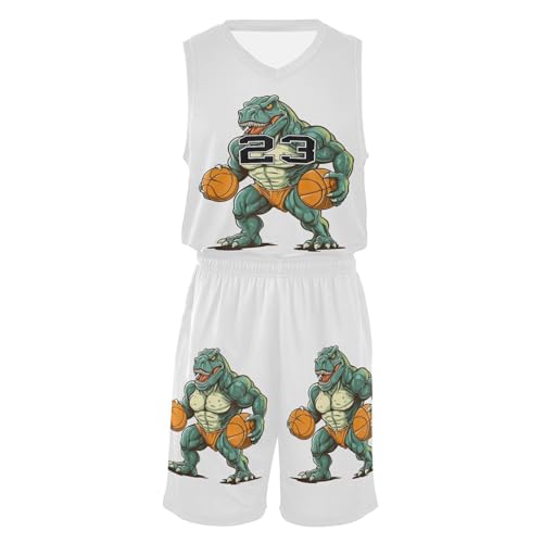 FLildon Dinosaur Playing Basketball Boys Basketball Jersey Set Tank Top Shorts Tracksuit Sport Training Suit for Kids, XXL