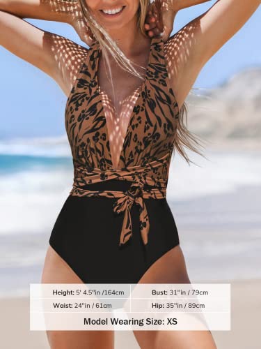 Cupshe One Piece Swimsuit For Women Bathing Suit Sexy Deep V Neck Wrap Tie Cross Back, L Brown #TOP5