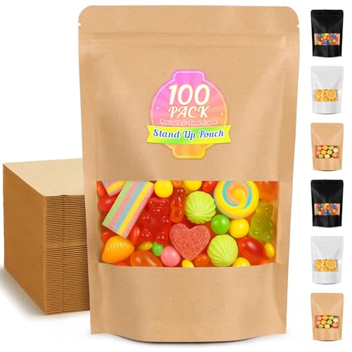 FITIMOR Food Bags 100 Pack Granola Trail Mix Bags Sealed Bag with Window Resealable Stand Up Pouches Wax Melt Candy Bar Tea Packaging Beef Jerky Chip Bag Bolsas para Carne Seca