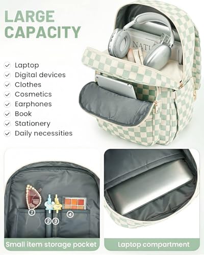 Image of Corduroy Laptop Backpack for Women, Fits 15.6 Inch Computer Bag, College Bookbag Travel Daypack Purse, Work Business Bags - Corduroy Checkered Green