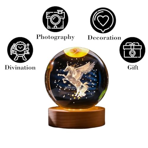 Image of 3D Unicorn Crystal Ball Lamp - Night Light, 3D Unicorn Crystal Ball, Galaxy Lamp Ball, Galaxy Ball Light with USB Powered 3.15 Inch LED Wooden Base