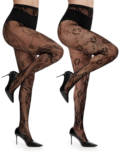 Kiiwah Meias de renda preta para mulher, meias elásticas sexy pretas de grelha, floral Lace meia-calça mulher, meias estampadas fantasia para carnaval Halloween clubes festa encontros, Flor pequena