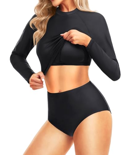 Pinup Fashion Long Sleeve Rash Guard - 2 Piece Swimsuit Bathing Suits with Bottom Swim Top UV UPF 50+2