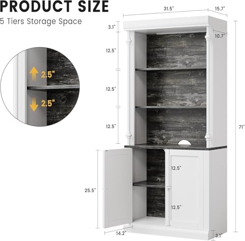 Garvee 71 Inch Tall Storage Bookshelf with 5-Tier Open Shelves, Roman Column Bookshelf with LED Lights, Display Cabinet for Home Office Living Room, White & Grey Grain, with 2 Doors