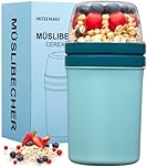 Mitsemmo Cereal Cup On The Go,600ml+270ml Breakfast Pots to Go,Yogurt and Granola Pot, Muesli Cup Travel Bowl and Milk Container for Work,Overnight Oats Jar with Lid & Spoon(Bule)