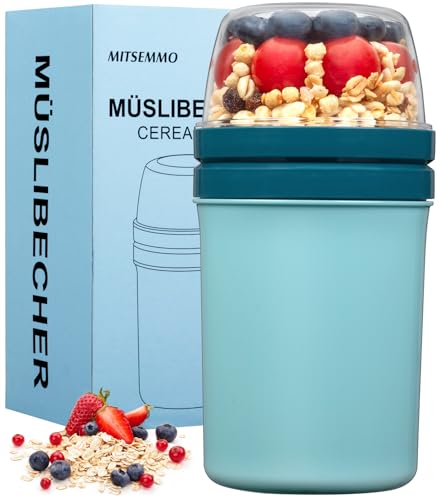 Müslibecher to Go 600ml+270ml,Joghurtbecher to Go Kinder mit Löffel,Müsli Cup to Go Becher,Cornflakes to Go,Müslibecher Müslidose Müslischale Frühstücksdose Müslibox,Joghurt Box to Go (Himmelblau) 1