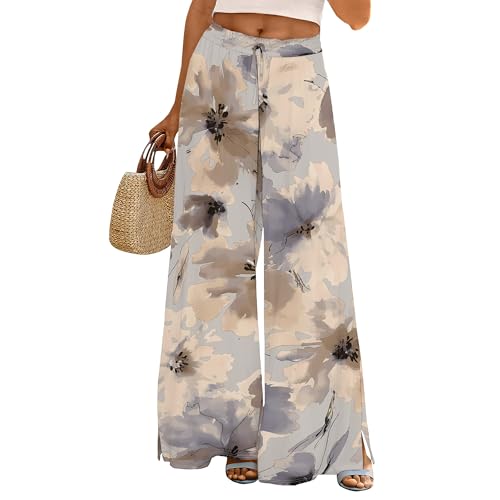 EQQZD Women Summer Boho Palazzo Pants High Waist Wide Leg Floral Print Casual Lounge Trousers with Pockets