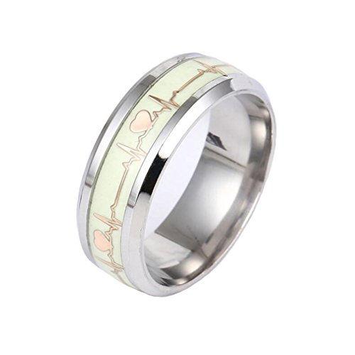 TINXOO Stainless Steel 8MM Gold Luminous Heartbeat Ring EKG Carbon Fiber Wedding Band Glow in The Dark,Size 12