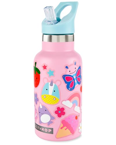 Skip Hop Botella de acero inoxidable para niños con calcomanías, pajita, 364.3 g, color rosa