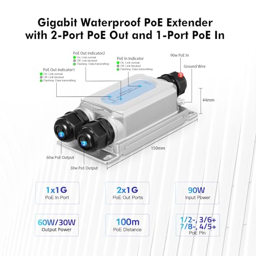 Image of MokerLink Outdoor 3 Port Gigabit PoE Extender, IEEE 802.3 af /at /bt PoE Repeater 90W, 10 /100 /1000Mbps, 1 PoE in 2 PoE Out, Wall Mount IP67 Waterproof POE Passthrough Switch