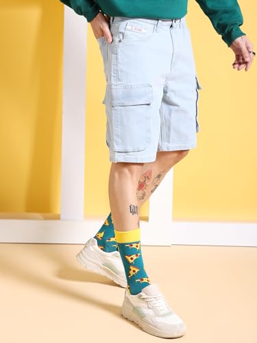 Image of The Indian Garage Co Men Relaxed Fit Solid Mid-Rise Denim Cargo Shorts