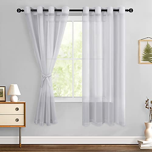 Hiasan Grey Sheer Curtains 63 Inch Length with Tiebacks, 2 Panels