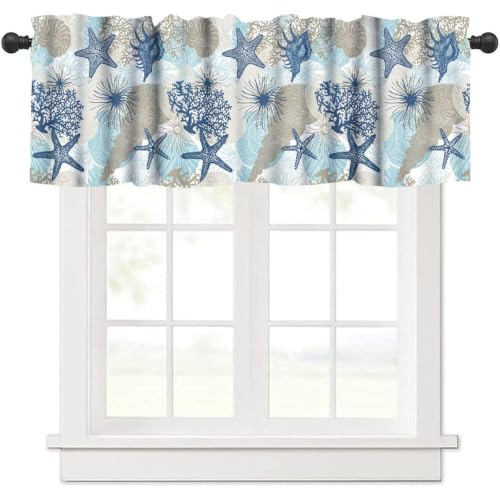 Image of Seashell Table Window Valance Curtain, Vintage Blue Coastal Nautical Corals Tropical Sea Beach Sealife Theme Window Treatment Valances for Home Kitchen Cafe Decor 54'x18', 1 Panel