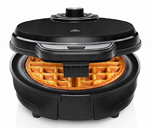 Chefman Anti-Overflow Belgian Waffle Maker w/Shade Selector, Temperature Control, Mess Free Moat, Round Iron w/Nonstick Plates & Cool Touch Handle, Measuring Cup Included, Black