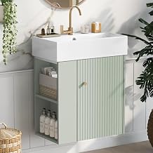 21.6 inch Modern Floating Bathroom Vanity with Ceramic Basin - Perfect for Small Bathrooms, Right Side Storage Green L