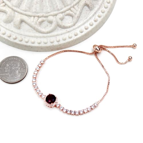 Image of Rose Plated Gold Brass Box Chain Cubic Zirconia Classic Tennis Slider Adjustable Bracelet, Round Big Zircon Charm Give Woman Mom Mother's Day Fashion Crystal Gift