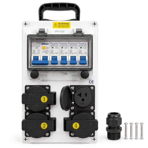 Power Distribution Box, Portable 110V Breaker Box with NEMA 5-20 Outlet, IP65 Weatherproof Temporary Power Outlet Box for Construction Sites, Factories and Workshops