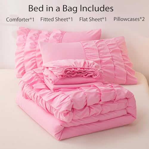 Yadangxiawa Teen Girls Pink Princess Dress Comforter Set Queen Size, 5 Pcs Bed In A Bag Girls Queen, Girls Pink Ruffled Bedding Set thumb #2