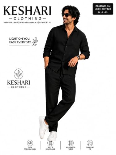 Image of Men's Premium Linen Co-Ord Set | Regular Fit Full Sleeve Solid Shirt with Drawstring Trouser | Breathable Linen Casual Outfit for Summer, Travel, Beach, Vacation & Daily