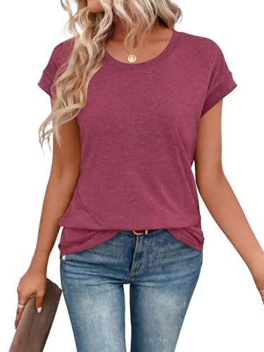YOKGO Women Short Sleeve Top Casual T Shirt Summer Crew Neck Lightweight Soft Fashion Cap Sleeve Loose Fit Basic Tee 2026 Purple Red — view 2