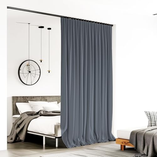 Image of Room Divider Curtains for Ceiling Track Rod, Blackout Ceiling Track Curtains with Hooks Noise Reduction Privacy Curtain for Wall Ceiling Mount Track, 15 ft Wide x 9 ft Tall, Dark Grey, 1 Panel