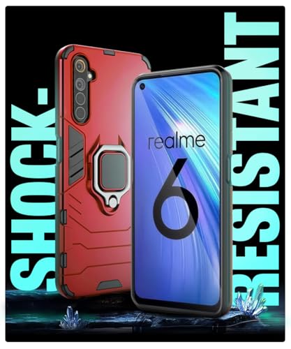 Image of WOW IMAGINE Shock Proof Back Case Mobile Cover for Realme 6 | Back Cover Case (Tough Armor | Hybrid PC + TPU | Ring Holder & in-Built Kickstand | Red)