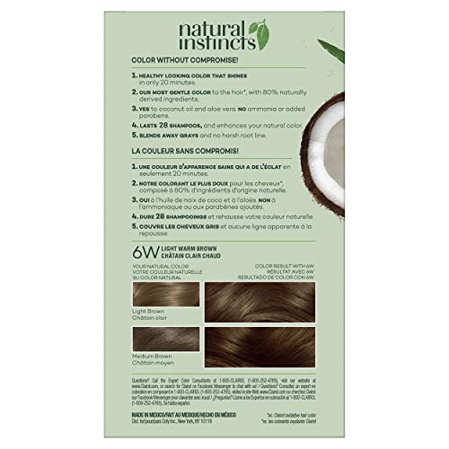 Image of Clairol Natural Instincts Demi-Permanent Hair Dye, 6W Light Warm Brown | Ammonia‑Free, Vegan Hair Color with Coconut Oil & Aloe Vera | Pack of 1
