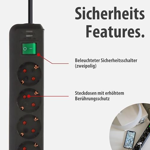 Brennenstuhl Eco-Line, Steckdosenleiste 6-Fach (Steckerleiste mit erhöhtem Berührungsschutz, Schalter und 3m Kabel) schwarz
