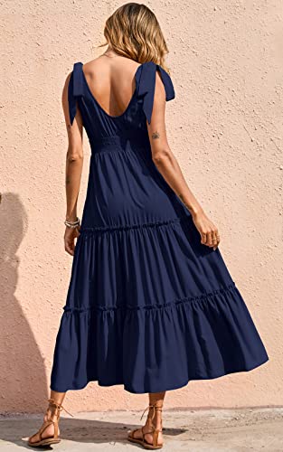Image of PRETTYGARDEN Women's Cross Neck Summer Sleeveless Tiered Maxi Dress Beach Tie Strap Smocked Long Dresses Pleated Sundress